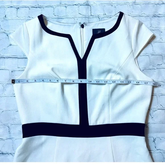 ADRIANNA PAPELL Black Cream V Neckline Cap Sleeve Career Dress 6 Lined Design - Picture 7 of 11